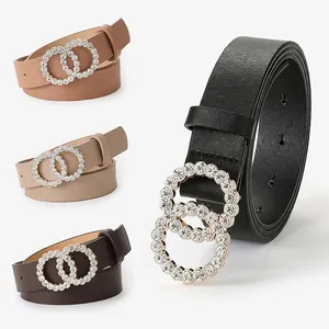 Women's thin leather belt with sparkling rhinestone double ring buckle in four colors