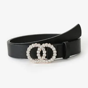 Women's black leather belt featuring sparkling rhinestone-encrusted double ring buckle
