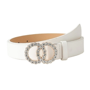 Women's white leather belt featuring a sparkling double circle buckle set with rhinestones