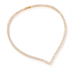 Elegant gold-plated tennis necklace with square zircons in a V-shape on white background