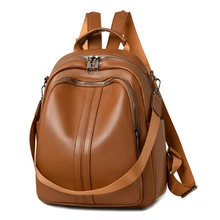 Brown faux leather backpack showing multiple zipper compartments and adjustable straps