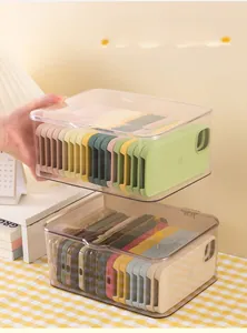 Detail view of transparent acrylic storage box showing stackable dustproof lid design