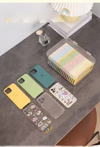 Macro view of clear acrylic storage box lid showing large capacity for phone cases