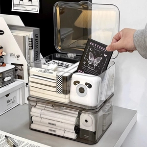 Stackable clear and tinted acrylic desktop organizer with flip lid and drawer for storage