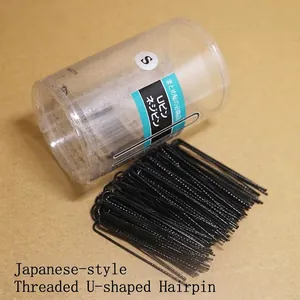 Japanese style black U-shaped hairpins with spiral wavy grip in a portable round storage jar