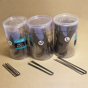 U-shaped black metal hairpins in three sizes shown with cylinder packaging