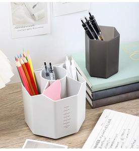 Macro view of a hexagonal multi-grid desk organizer for stationery and office supplies