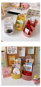 Three-grid desktop organizer in white, pink, and yellow for stationery and makeup tools