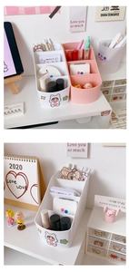 Detail of multi-compartment desktop organizer with cute stickers for stationery storage