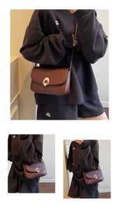 Detailed view of dark brown crossbody bag with elegant U-shaped gold metallic lock buckle