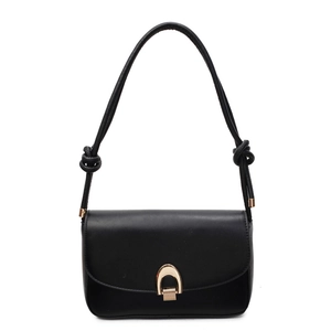 Minimalist black leather shoulder bag with gold horseshoe buckle and knotted strap detail
