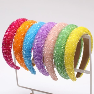 Women Handmade Padded Beaded Headband Glass Crystal Beads Wide Hairband Luxurious Bohemian Sponge Hair Hoop Accessories