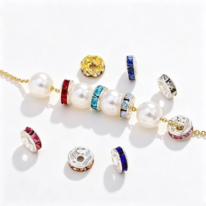 Colorful rhinestone spacer beads and white pearls on gold chain for DIY jewelry making