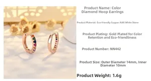 Detail of rose gold hoop earrings with multi-colored AAA cubic zirconia stones
