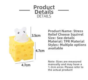 Close-up showing a 4.7cm TPR cheese stress toy with a pop-up squirrel and dimensions