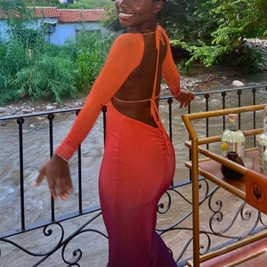 Sexy deep V neck bodycon dress with orange purple gradient and open back tie design