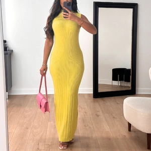 Damen Sexy Ärmellos Gerippt Strick Maxi Kleid Rundhals Bodycon Schlanke Passform Einfarbig Sommer Party Lang Weste Kleid