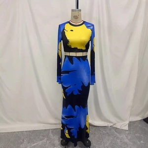 Women's two-piece set featuring long sleeve crop top and maxi skirt in blue abstract print