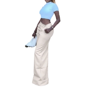 Women's light blue short sleeve T-shirt and beige high-waist wide-leg trousers fashion set