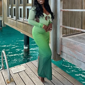 Slim fit gradient green long sleeve maxi dress with sexy cut-out back and tie-up front