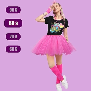 Tenue de fête rétro années 80 complète avec t-shirt I LOVE 80s et jupe en tulle rose