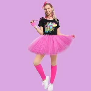 Panoplie costume rétro années 80 pour femme avec t-shirt imprimé et jupe tutu rose