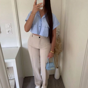 Women Summer Short Sleeve Crop Blouse Solid Color Lapel Shirt With Pockets Casual Loose Button Down Top Fashion Stylish Lady Outfit