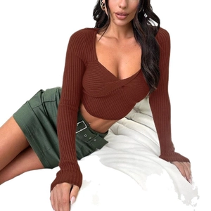 Women's brown ribbed knit long sleeve crop top with twist front and sweetheart neckline