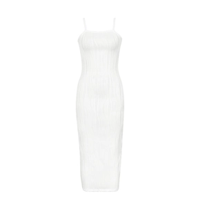 White sleeveless bodycon dress with wavy knit texture and thin shoulder straps