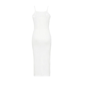 White ribbed knit sleeveless bodycon midi dress with elegant wave textured fabric pattern