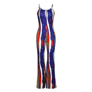 Damen Jumpsuit mit Schlaghose und abstrakten blauen und orangen vertikalen Streifen