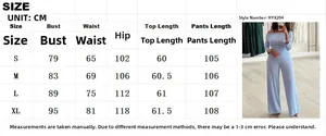 Detailed size chart for the off-shoulder top and trousers set in centimeters