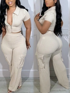 Damen Gerippte Strick Oberteil Und Cargo Hose Outfits Kurzarm Reißverschluss Crop Top Hohe Taille Taschen Cargo Hose Casual Sportlicher Anzug