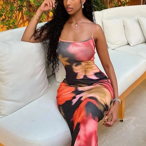 Robe Longue Maxi Moulante pour Femmes Imprimé Floral Abstrait Couleur Contrastée Sexy Coupe Slim Sans Manches