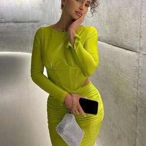 Damen Sexy Glitzer Zweiteiler Set Langarm Crop Top Und Geraffter Bodycon Midirock Fluoreszierend Party Clubwear Outfit