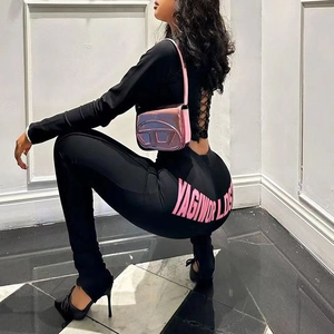 Women's Two-Piece Knit Set Long Sleeve Zipper Top And Slim Fit Pants With Letter Print Polyester Commuting Casual Outfit