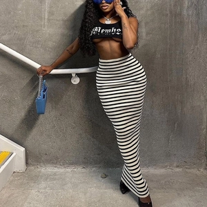 Jupe Moulante Sexy à Rayures Noires et Blanches pour Femme Taille Haute Nervurée Jupe Longue Ajustée Tricotée Extensible