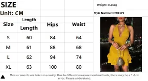 Detailed size chart for yellow halter mini dress with S to XL measurements and dimensions