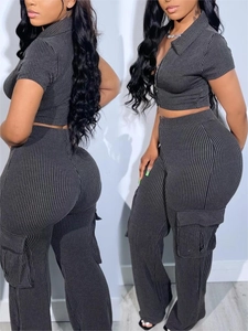 Dunkelgrauer gerippter Damen-Zweiteiler mit Crop-Top, Reißverschluss und Cargo-Hose