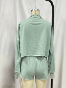 Vue arrière de l'ensemble tricoté vert clair avec sweat à capuche court et short taille haute