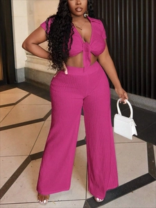 Fuchsia summer two-piece set featuring short sleeve wrap crop top and high waist wide leg pants