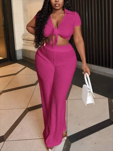 Women Sexy Two Piece Set Ribbed Knit Short Sleeve Tie Up Crop Top And High Waist Wide Leg Pants Summer Fashion Casual Suit