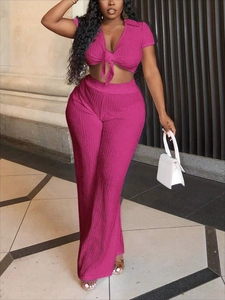 Chic rose pink two-piece set featuring short sleeve tie-front crop top and wide leg pants