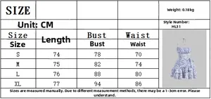 Size chart for floral mini dress showing length, bust, and waist measurements from S to XL