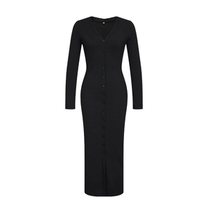 Detail of the V-neckline and button-down closure on the black ribbed knit maxi dress