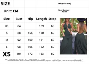 Detailed size guide table for the elegant deep V-neck backless maxi dress in dark green