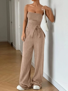 Haut Et Bas Côtelés pour Femmes Avec Haut Tube Plissé Et Pantalon Large Tenue d'Été Décontractée Streetwear Khaki