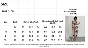 Comprehensive size chart for printed long sleeve dress with S-XL measurements