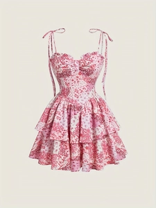 Damen Pink Floral Spaghetti-Träger Mini Kleid Süße Schnürung Gestuft Ärmellos Sommer Urlaub Sommerkleid