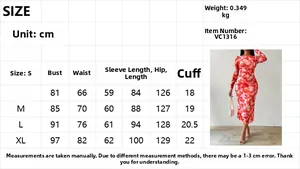 Detailed size guide table for elegant floral print long sleeve slim fit maxi dress